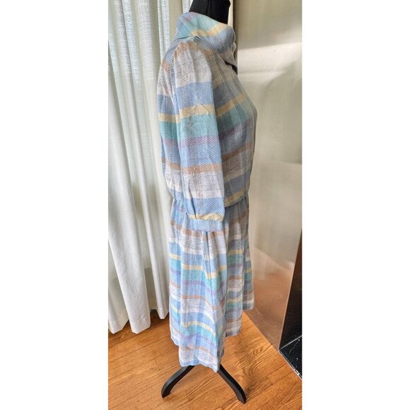 Vintage 80s dress, blue, purple, yellow, white, pastel plaid; asymmetric collar - Picture 8 of 10